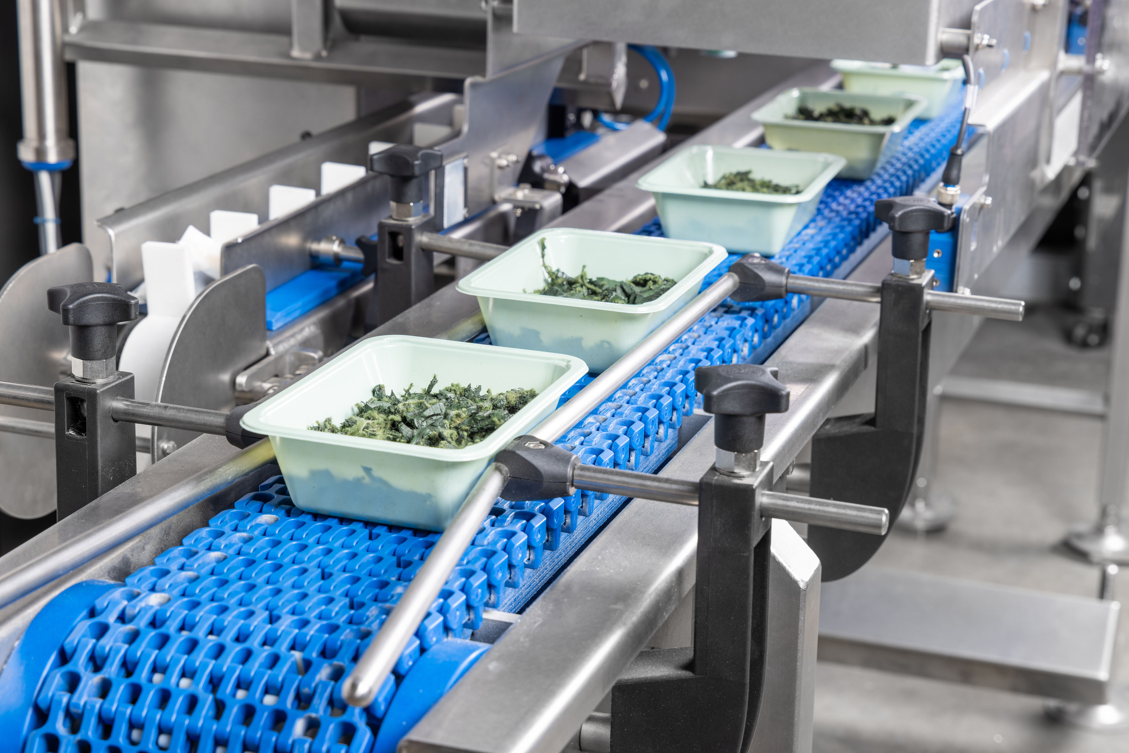 Gentle robotic product handling system transporting food trays on an automated packaging conveyor without damaging products.